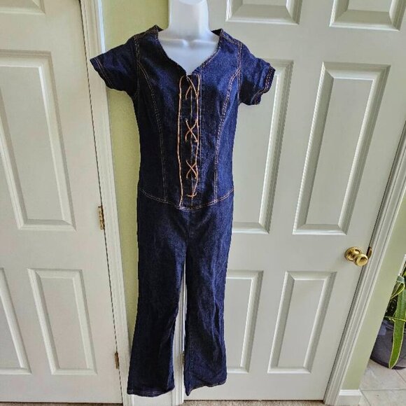 Revolt Jeans Y2K Lace Up Front Denim Jumpsuit Size Medium - Picture 1 of 14
